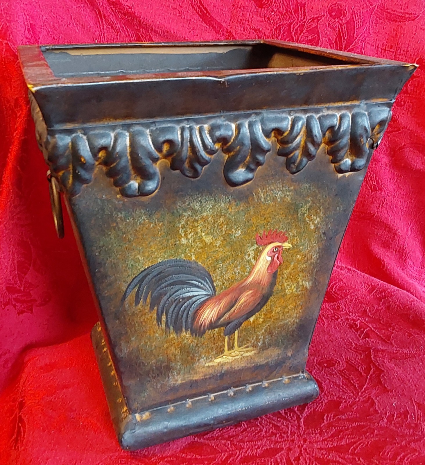 Metal cachepot square pot cover with Rooster Design 12″