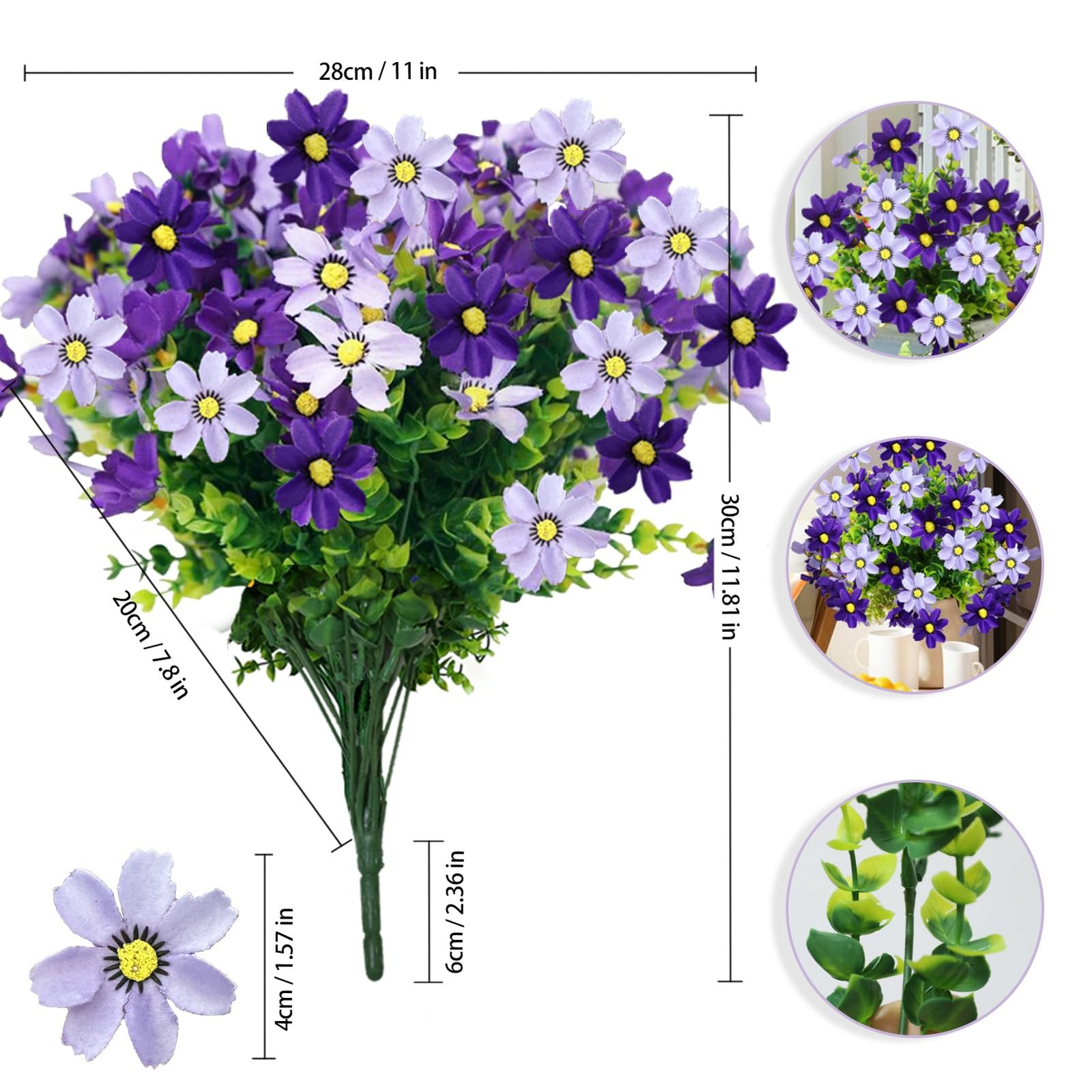 Artificial Flowers Outdoo, 4 Bundles Purple Faux Silk Daisy UV Resistant, Rea…