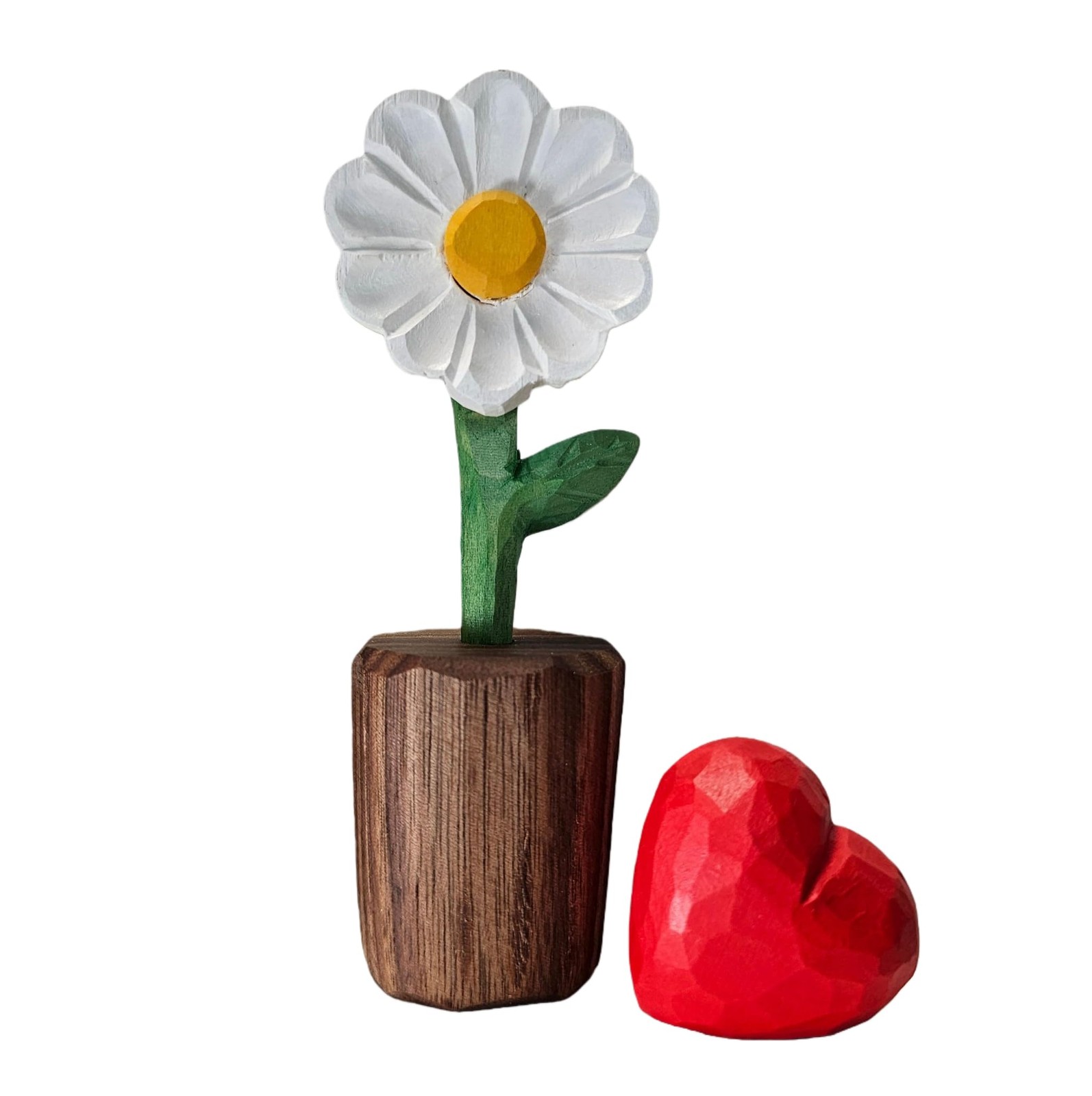 Hand-Carved Wooden Flower with Red Heart – Handcrafted Everlasting Wood Sculp…