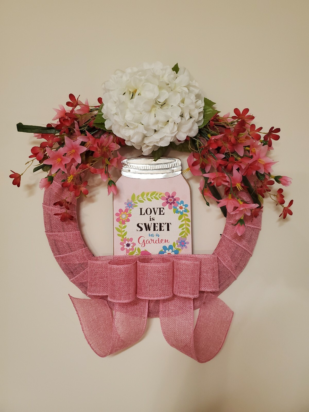 Wreath “LOVE is SWEET in a garden” Pink burlap mesh Pink flowers Decor Door 16″