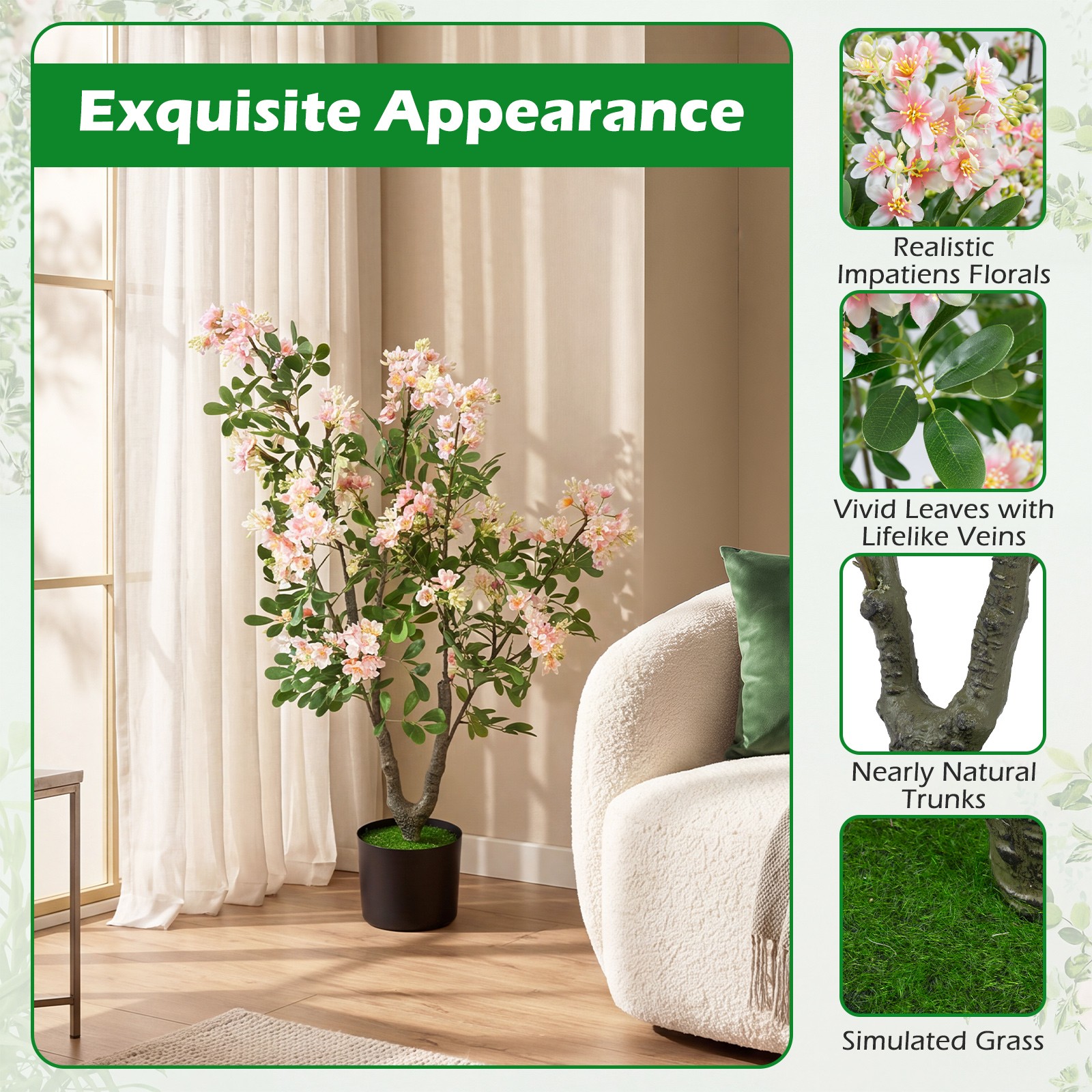 36″ Artificial Impatiens Blossom Tree w/ Mini Fruits Faux Grass for Porch