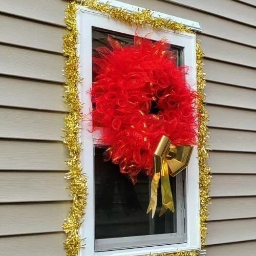 Merry Christmas Mesh Front Door Wreath Wall Decoration red gold big bow gift