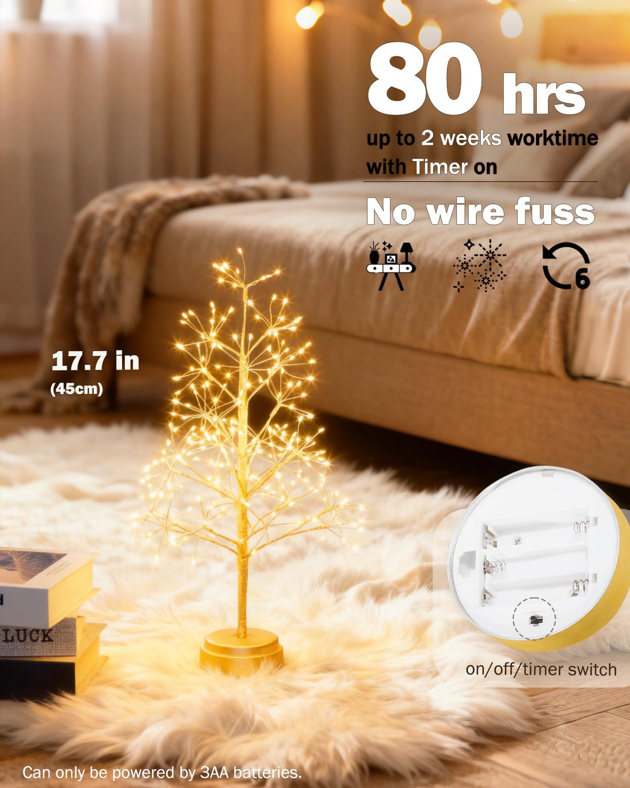 17.7 Inch 250 LED Fairy Tree Lamp Artificial Bonsai Lights Decor Battery Gold