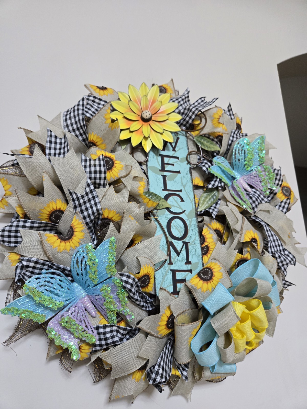 WELCOME Spring Summer Fall Front Door Wreath Wall Decor big Sunflower Butterfly
