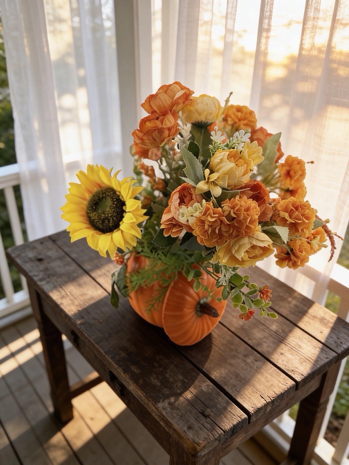 13” Pumpkin Vase Floral Arrangement Sunflower Fall Harvest Thanksgiving Decor