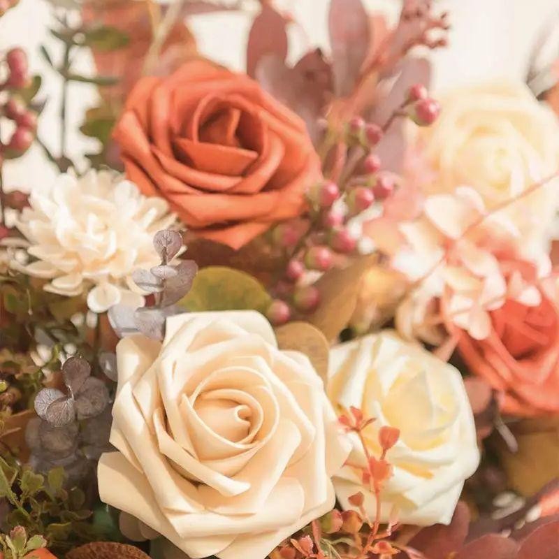 Artificial Flowers 25pcs Real Looking Burnt Orange Foam Fake Roses with Stems Fo
