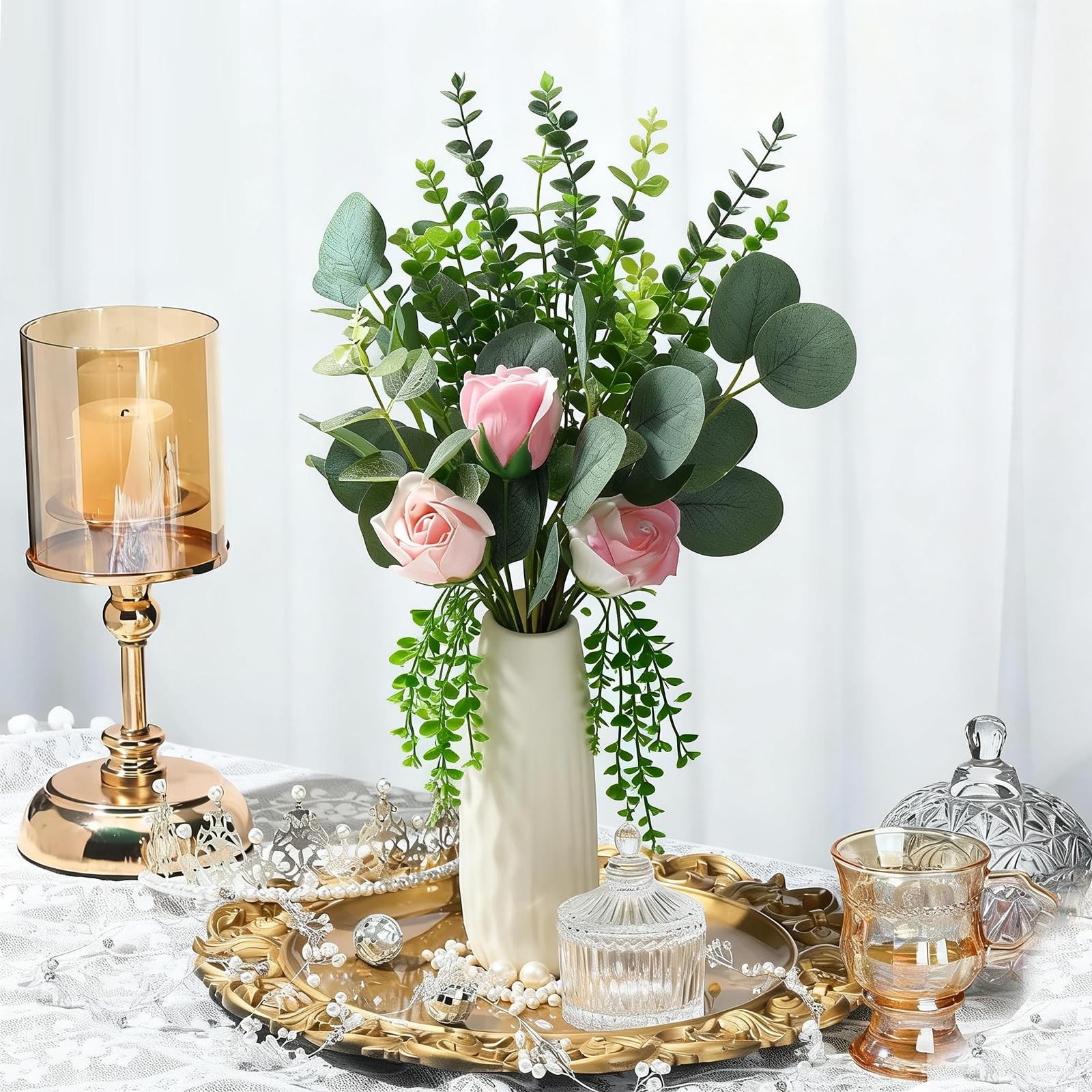 Fake Plants, 20Pcs Mixed Eucalyptus Stems Artificial Flowers, Fake Eucalyptus…