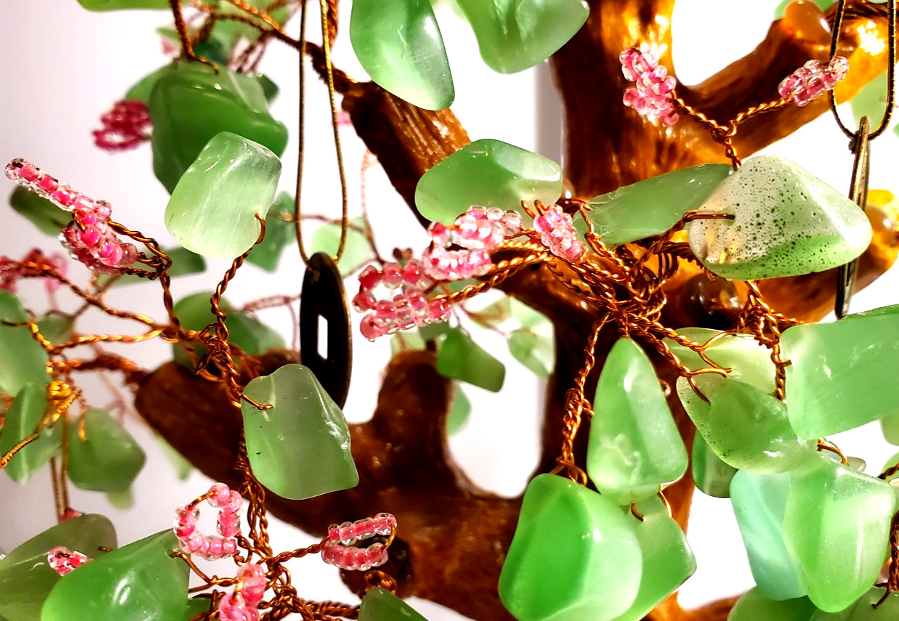 Vintage Bonsai Pink Flowers Green Glass Leaves Good Luck Money Coin Tree