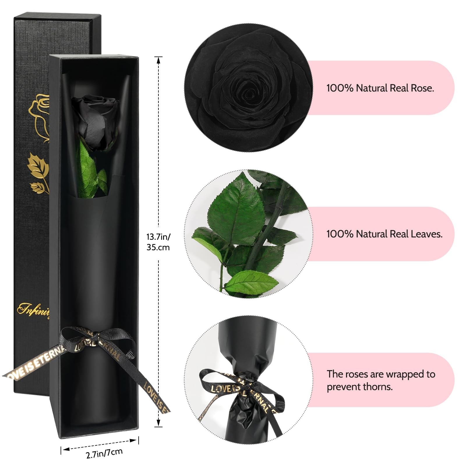 Preserved Black Rose Gift for Women, Mom, Forever Real Flower for Anniversary