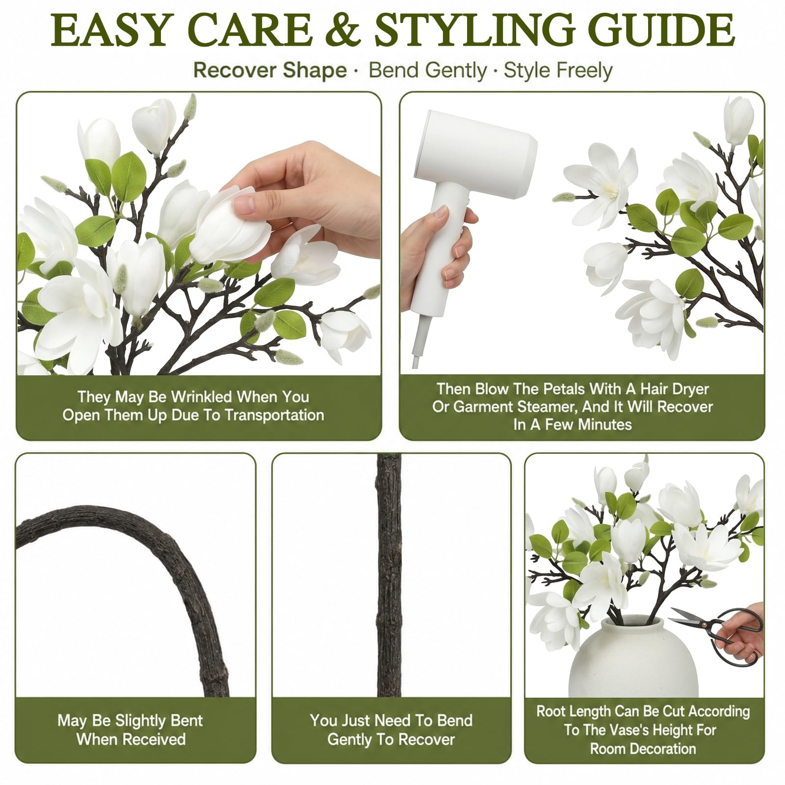 Set of 4 Artificial Magnolia Flowers, 25 Inch White Fake Flowers Branches | R…