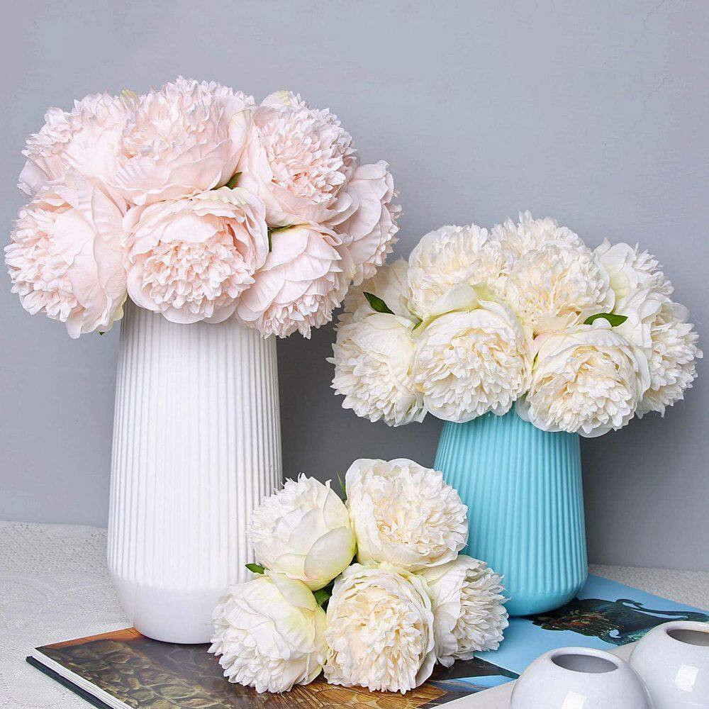 2-Bouquet 10-Heads White Artificial Peony Silk Flower and Leaf Home Office with
