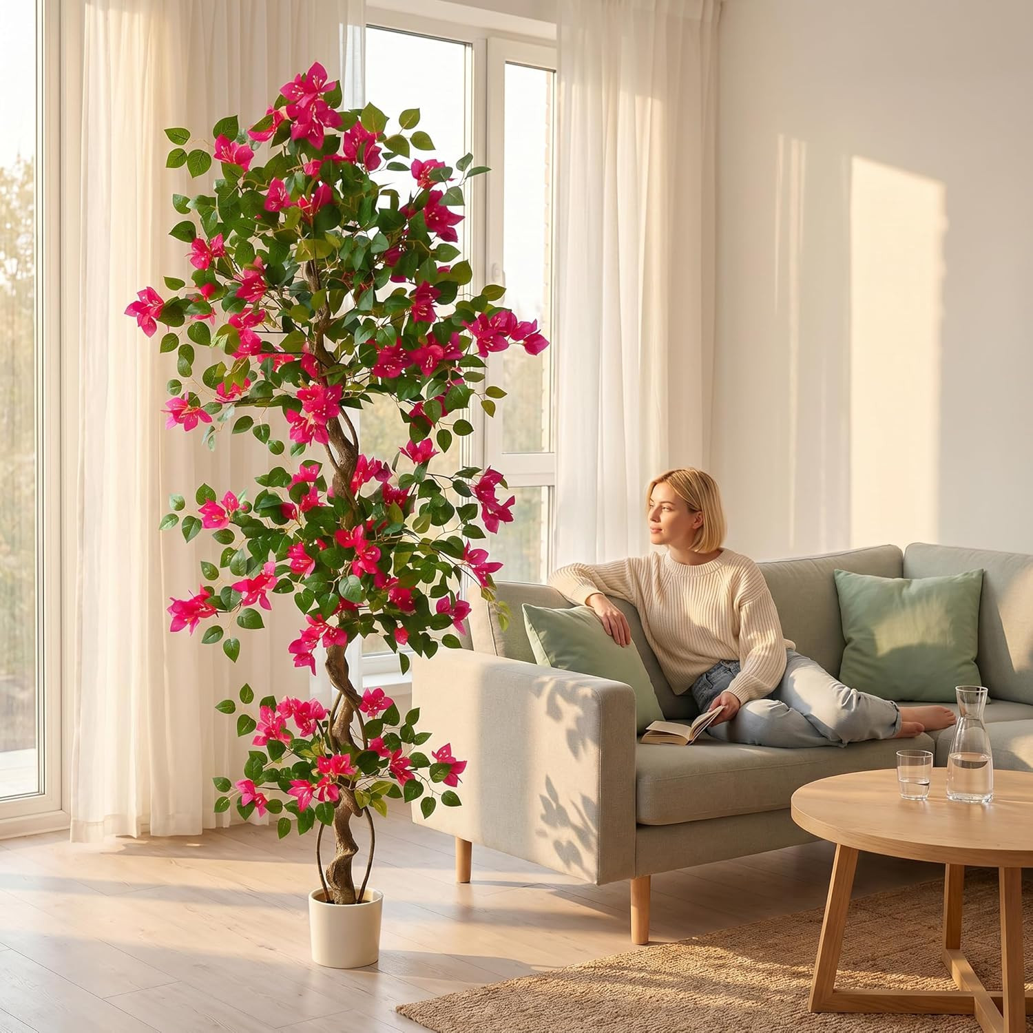 6Ft Faux Bougainvillea Tree in White Planter for Home & Wedding Décor