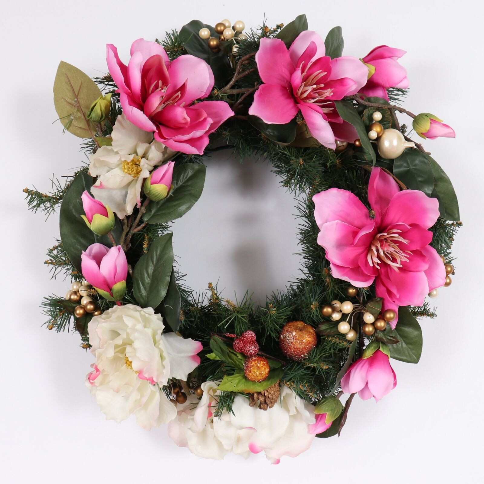 Christmas Holiday Wreath in Pinks and White with Pearls and Gold Balls #1