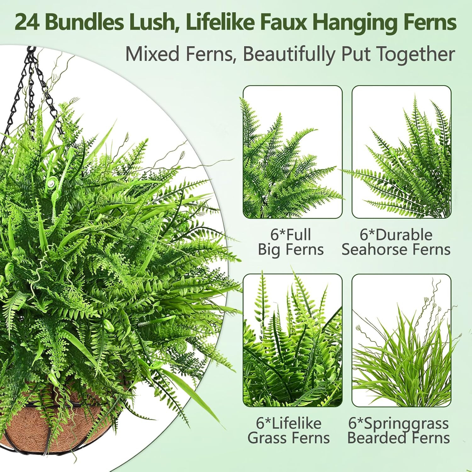 2 Pack Artificial Hanging Ferns for Outdoors, UV Resistant Fake Mixed Ferns with