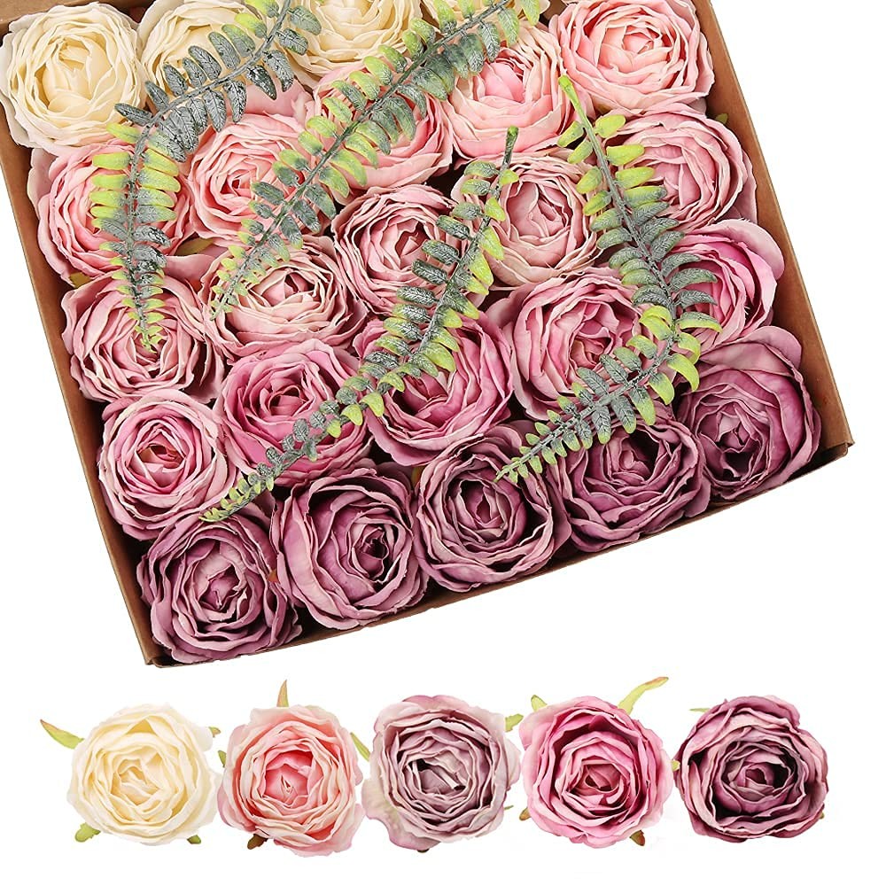 IPOPU Roses Heads Dried Silk Flowers 25PCS Fake Roses Heads for Floral