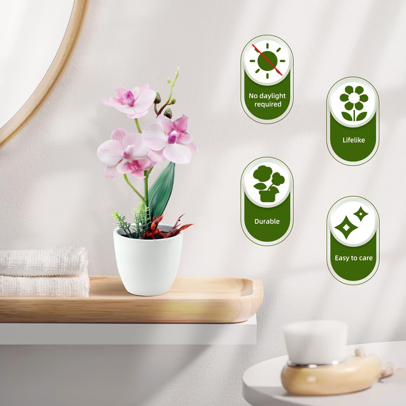 2Pcs Artificial Orchid Fake Flowers Faux Phalaenopsis Ceramic Vase Small Pott…