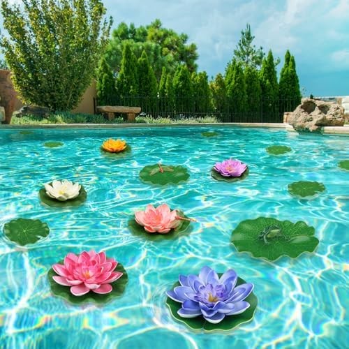 22 Pack Artificial Floating Foam Lotus Flowers with Artificial Frog Lotus Leaves