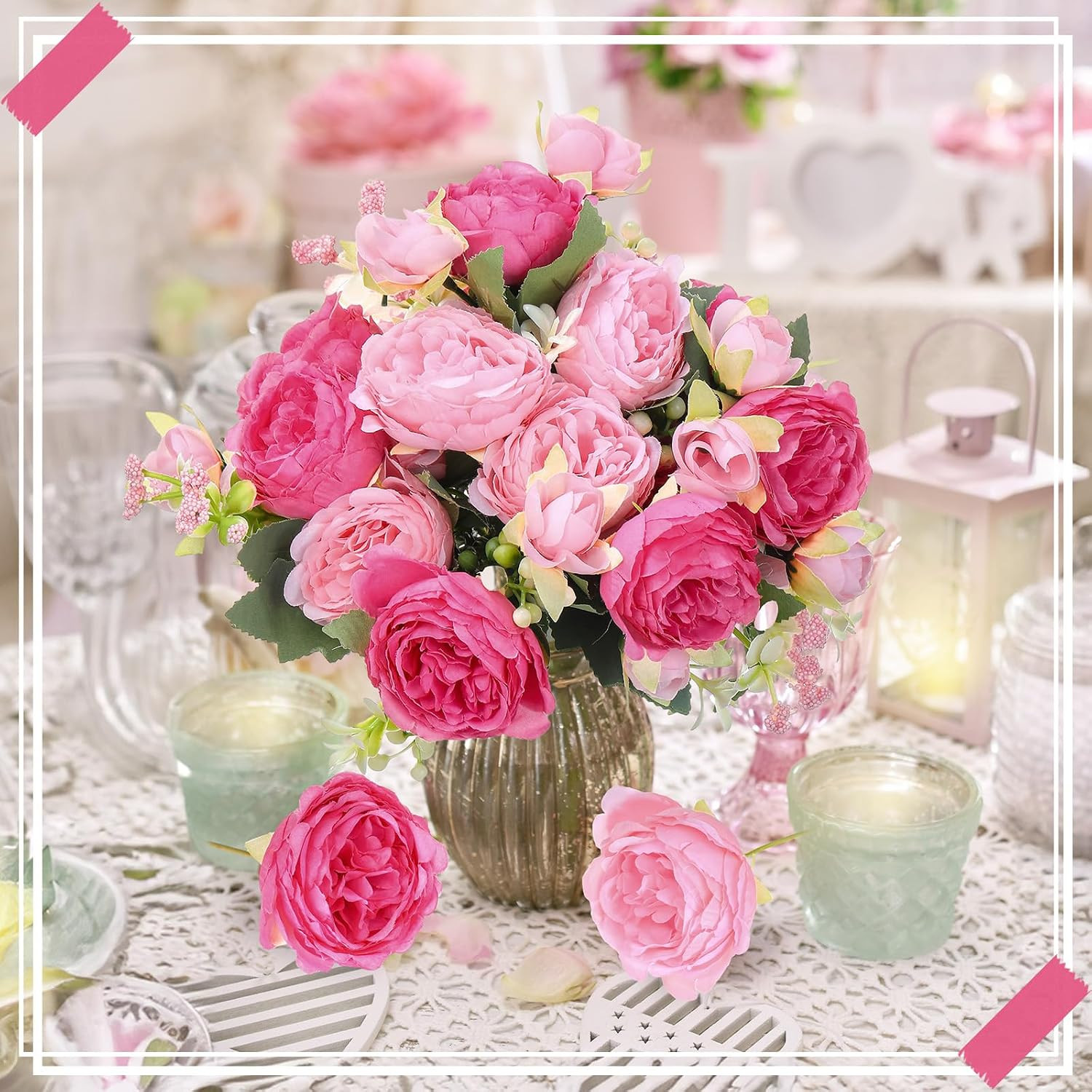 Boho Pink Peonies – 8 Bundles Faux Flowers for Wedding & Home Decor