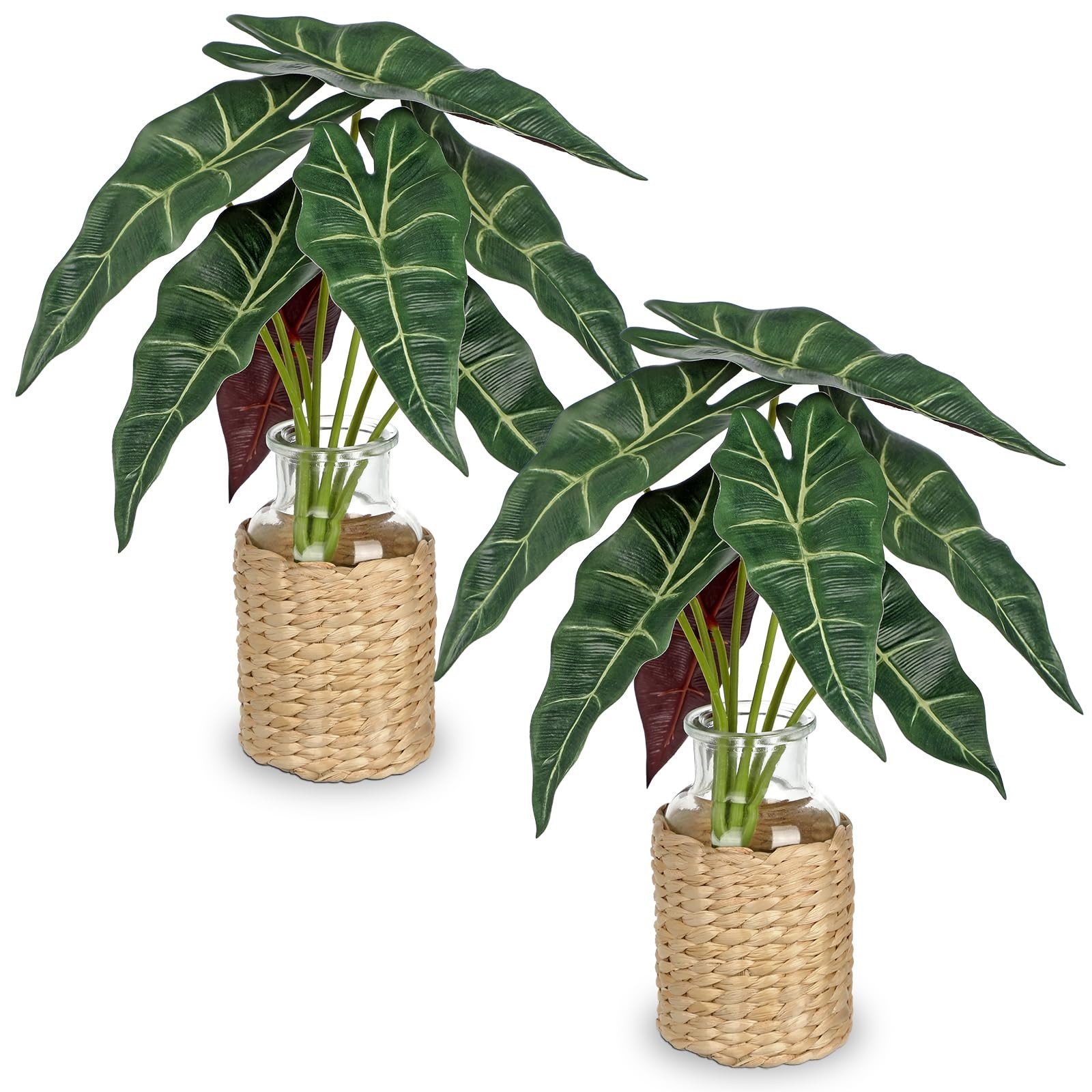 2 Packs Real Touch Faux Alocasia Plants in Vase with Woven Sleeve & Faux Wate…