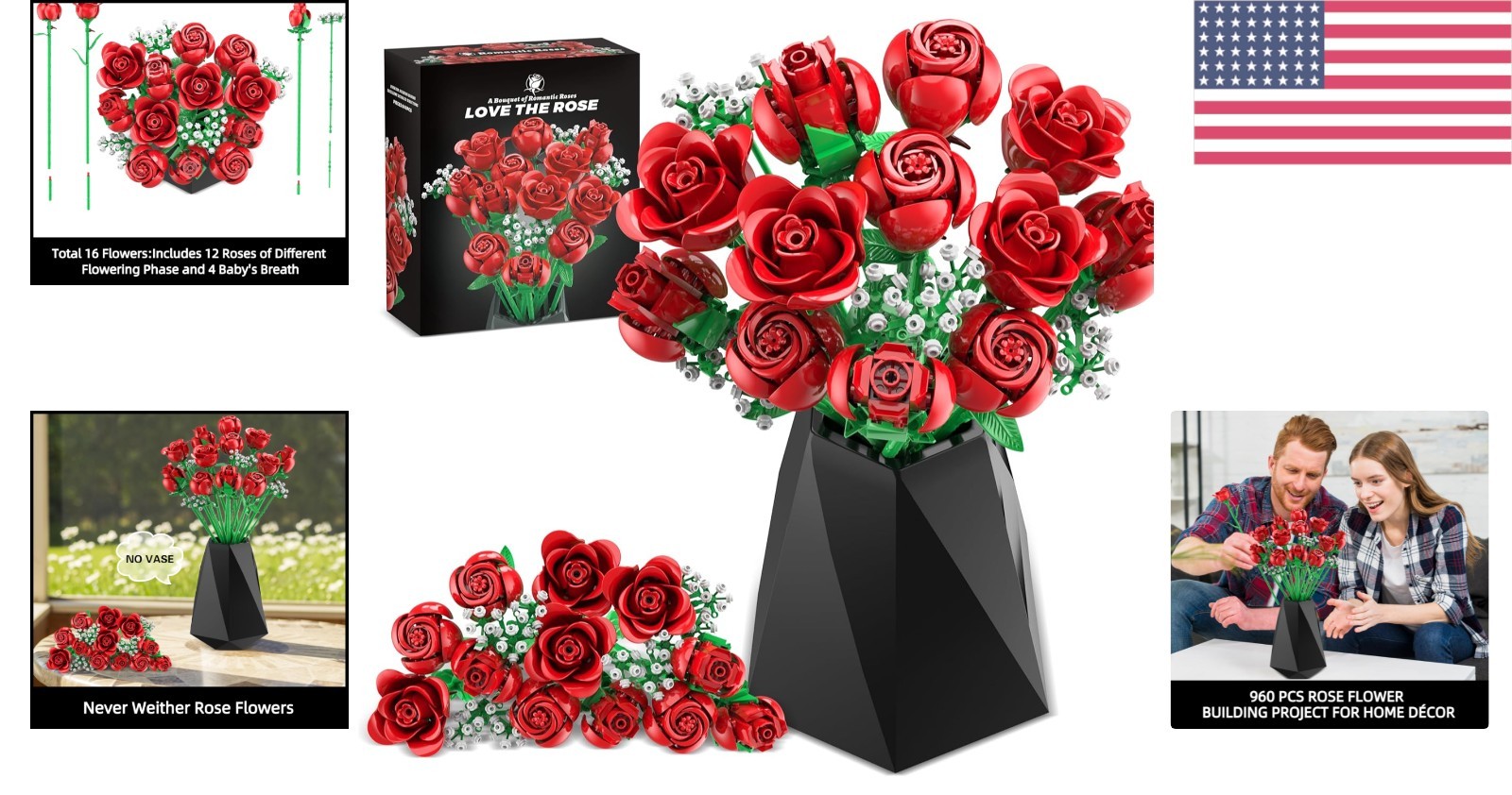 Elegant Red Rose Building Blocks Set, 960PCS – Perfect Gift for Any Occasion