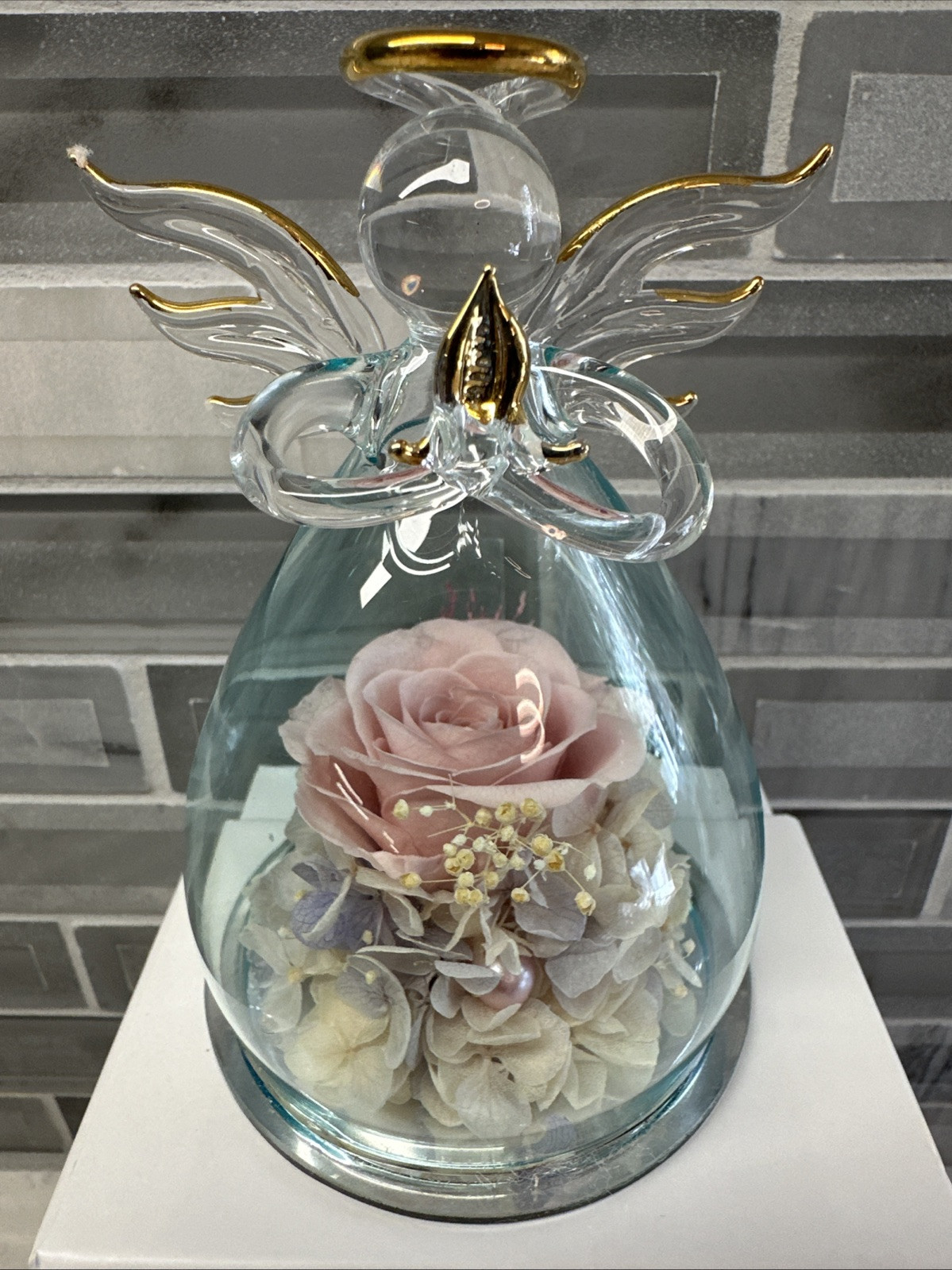 ANLUNOB Mother’s Day/Birthday Gift Glass Praying Angel w/Pink Rose Flower EUC!