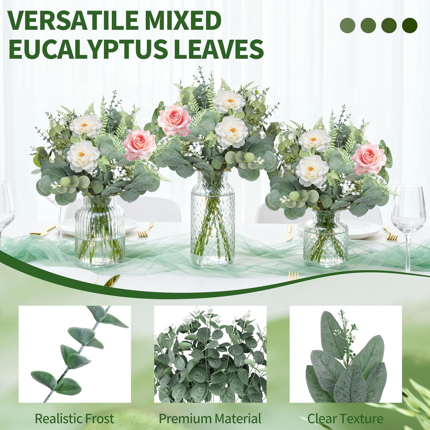 150 Pcs 7 Kinds Mixed Artificial Eucalyptus Leaves Stems Bulk, Fake Greenery Pla
