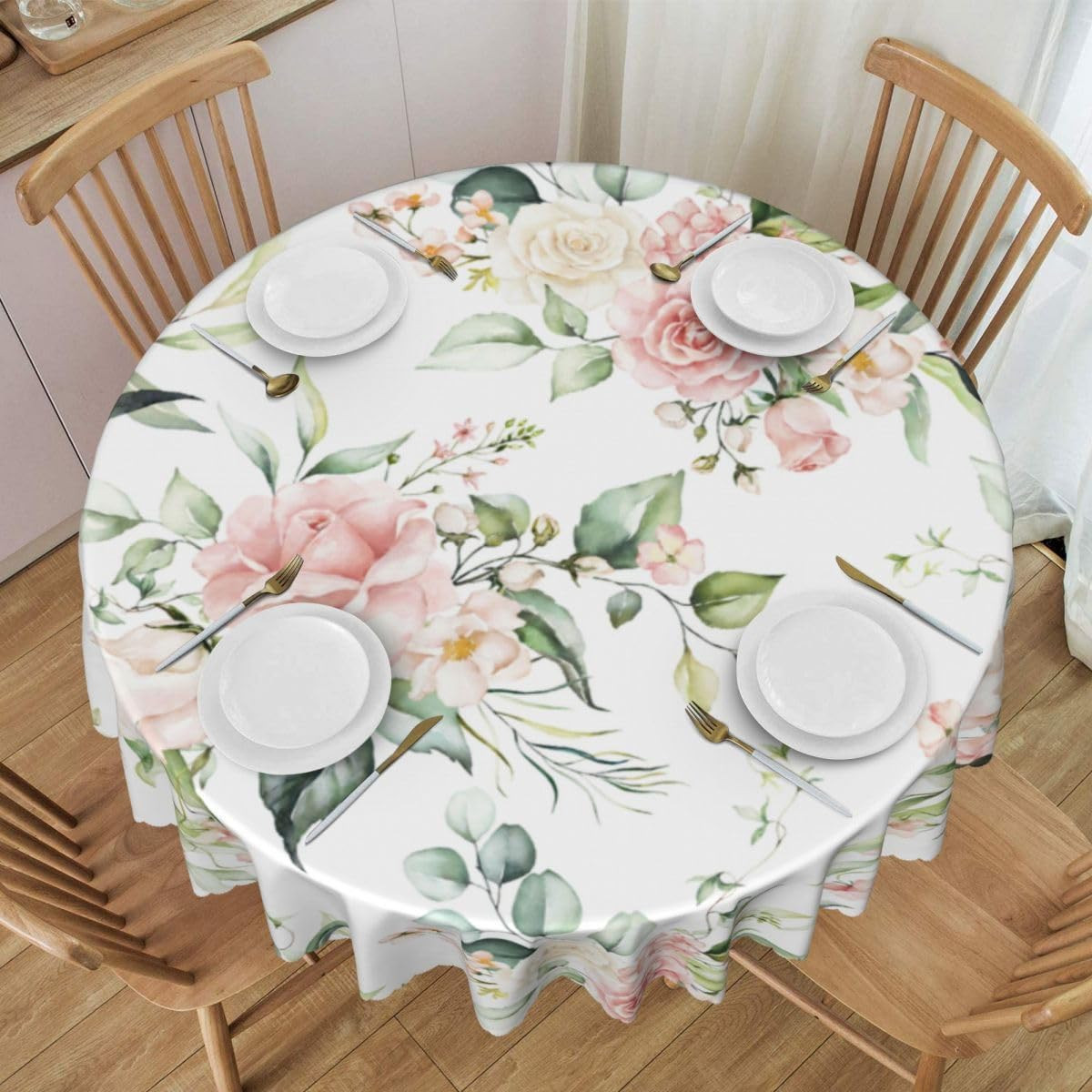 Eucalyptus Leaves Floral Table Cloths, Rustic Watercolor Pink Flower Leaves Sage