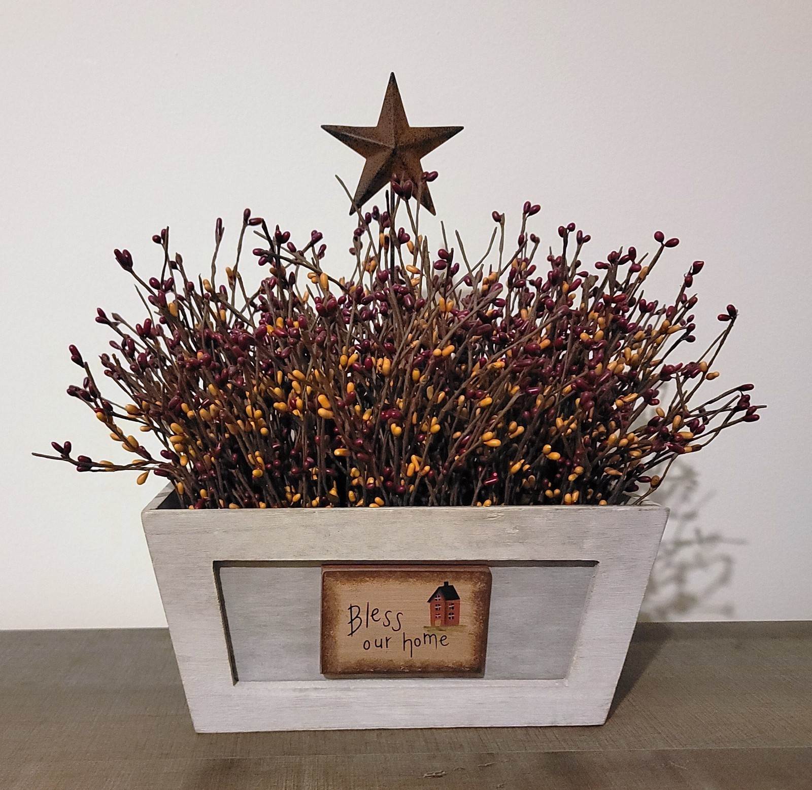 Bless Our Home Wooden Primitive Decor Box With Pip Berries & Rusty Star