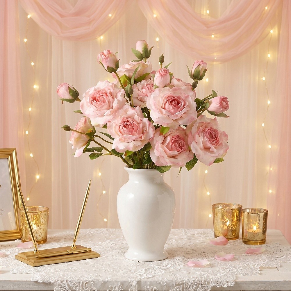 Burnt Edge Artificial Roses 5 Pack 20.5 in Silk Floral Stems Pink White Red