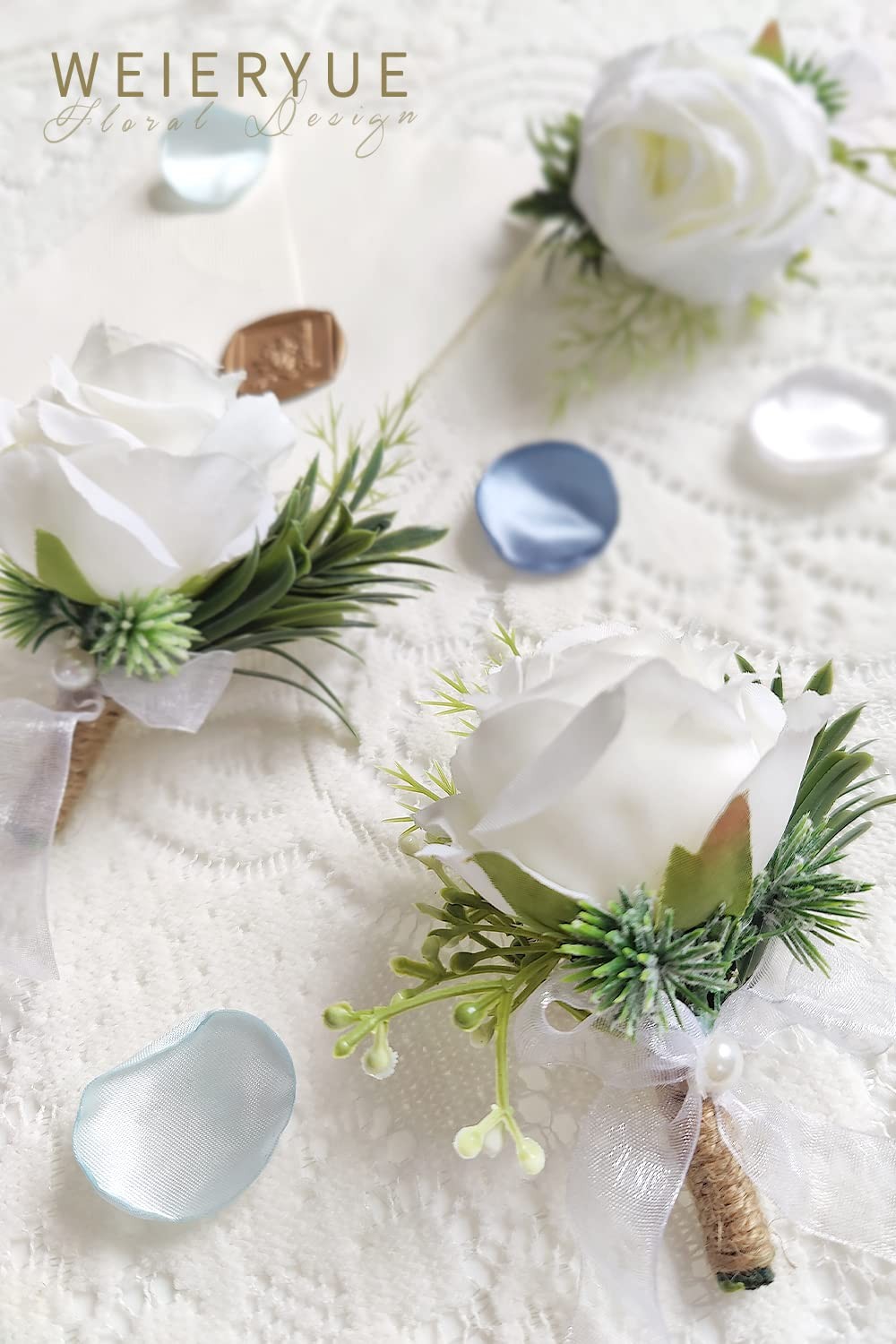 6 PCS Artificial White Rose Wrist Flowers and Mens Boutonniere Corsage Set