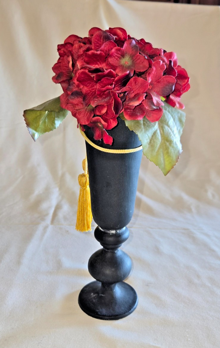 Artificial Decorative Deep Red Hydrangea, Slender Black Vase with Yellow Tassels