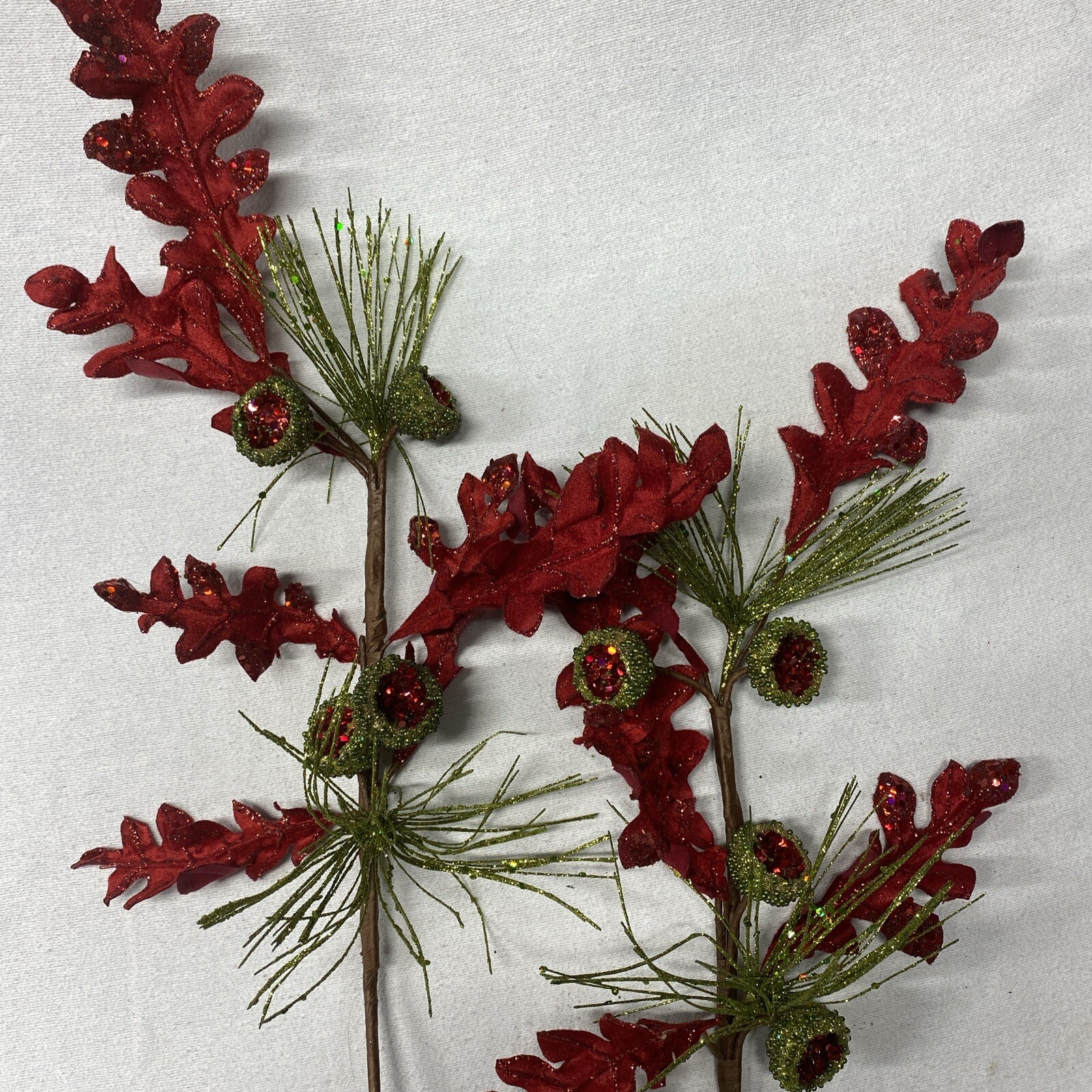 Artificial Glitter Leaves Red Wire Cherry Picks Floral Christmas Decor Vintage