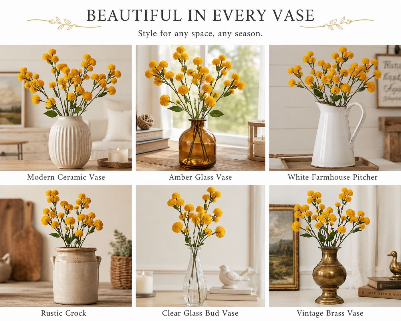 Yellow Faux Thistle Stems Set of 2, 20 Inch Artificial Wildflower Stems, Mustard