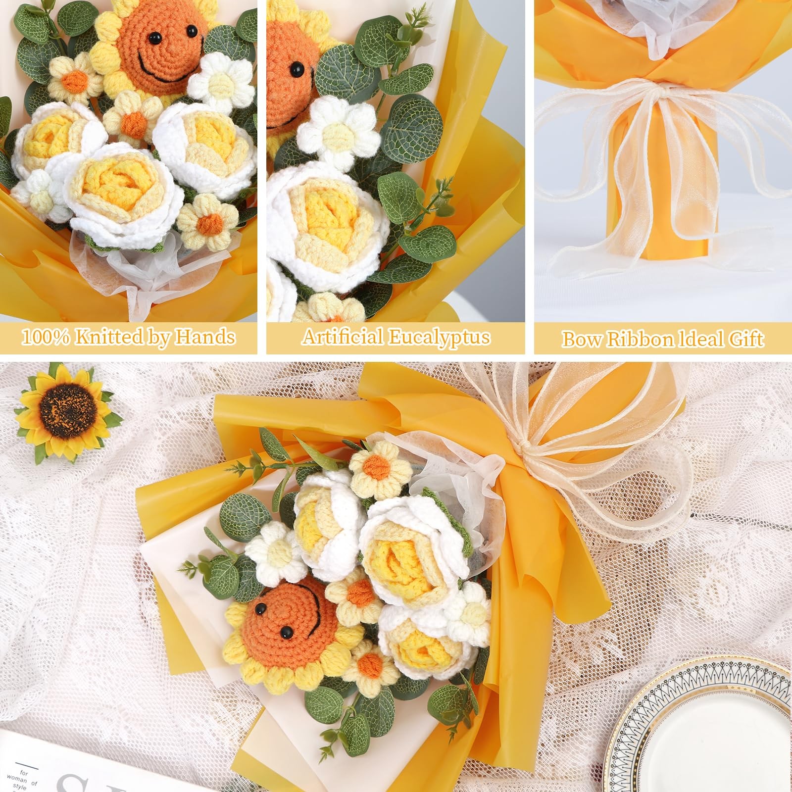 Yellow Crochet Flower Bouquet Artificial Sunflower Finished Handmade Knitted …