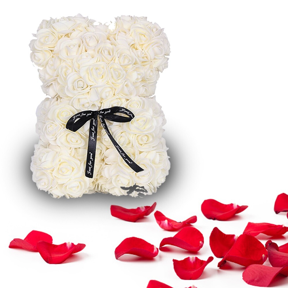 2023 Milky White Rose Flower Teddy Bear with Gift Box 25cm Valentines /Birthday