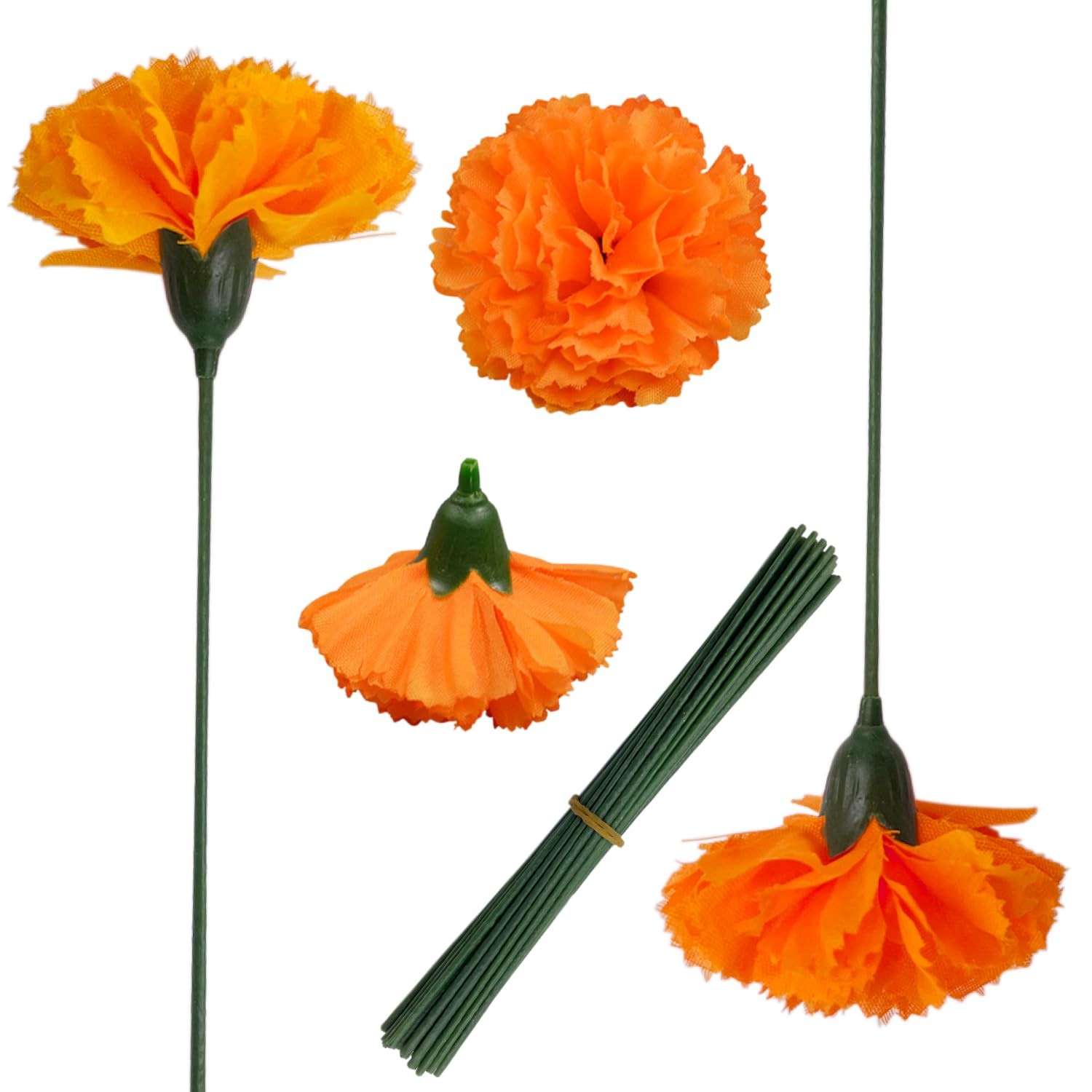 50Pcs Artificial Marigold Flowers, 2’’ Silk Heads with Stems for Diwali, Indi…