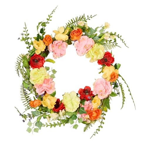Spring & Summer Wreath 22 Inch with Mixed Flowers for Front Door Branch Wreath