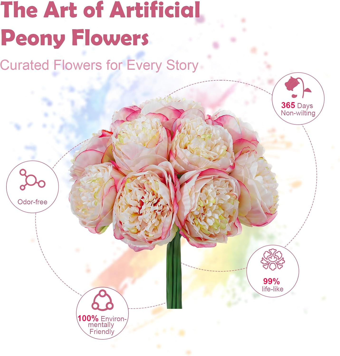 10PCS Champagne Realistic Silk Peonies Bouquet, Waterproof & UV Resistant Faux P