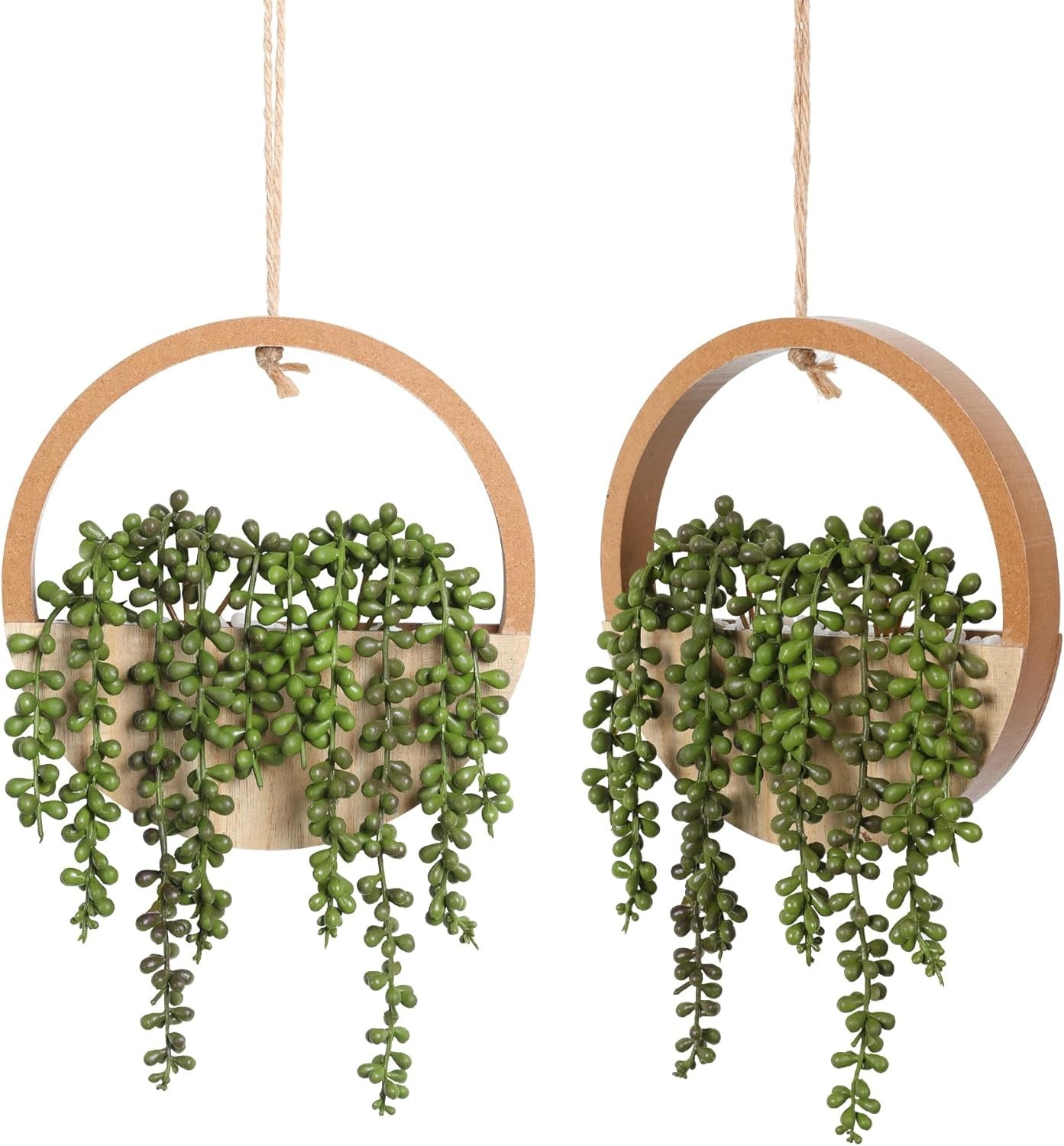Low-Maintenance Fake Plants – 12.2” Hanging String of Pearls in Wooden Planters