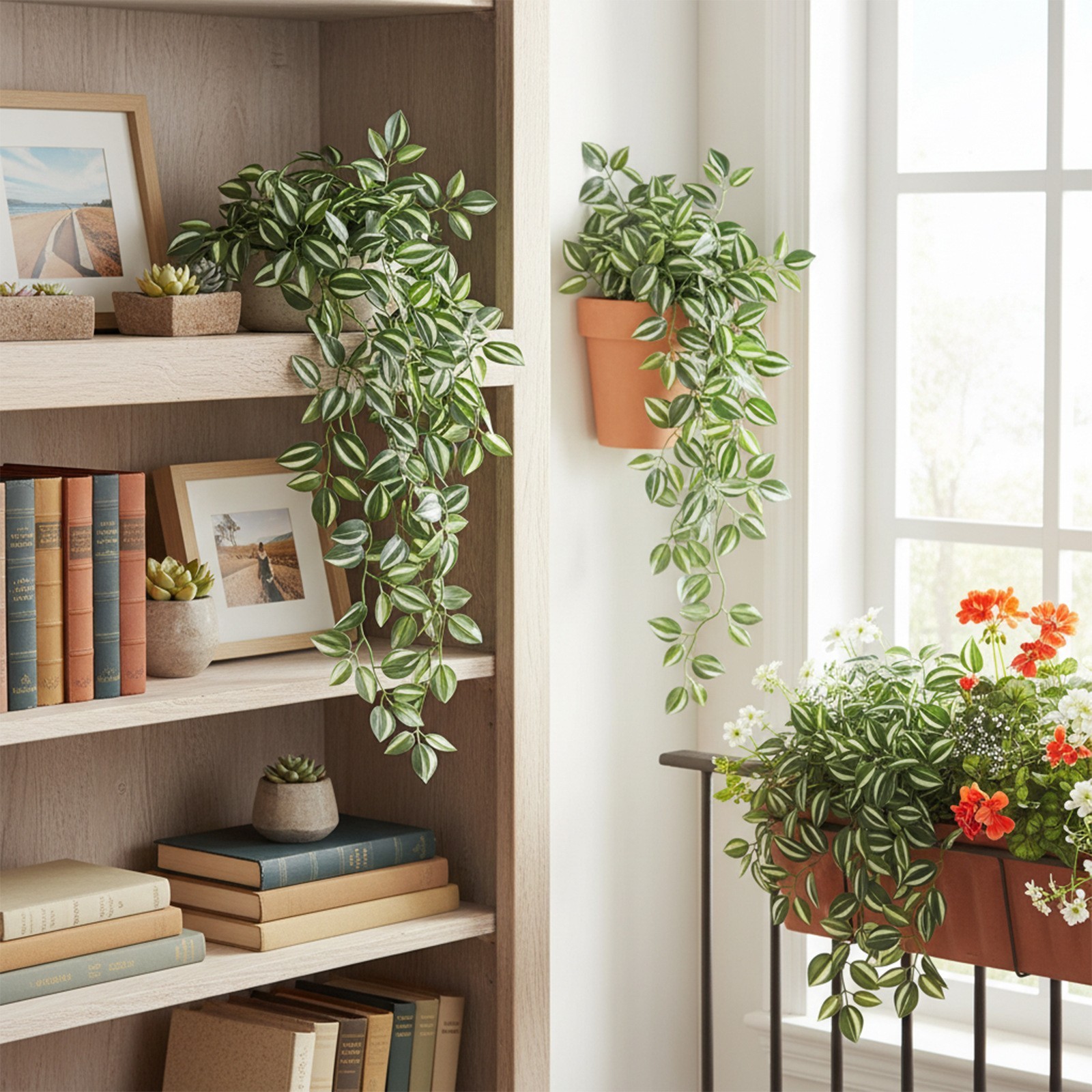 Green Silk Peperomia Hanging Plant 21.65in Realistic Artificial Ivy Vine Decor