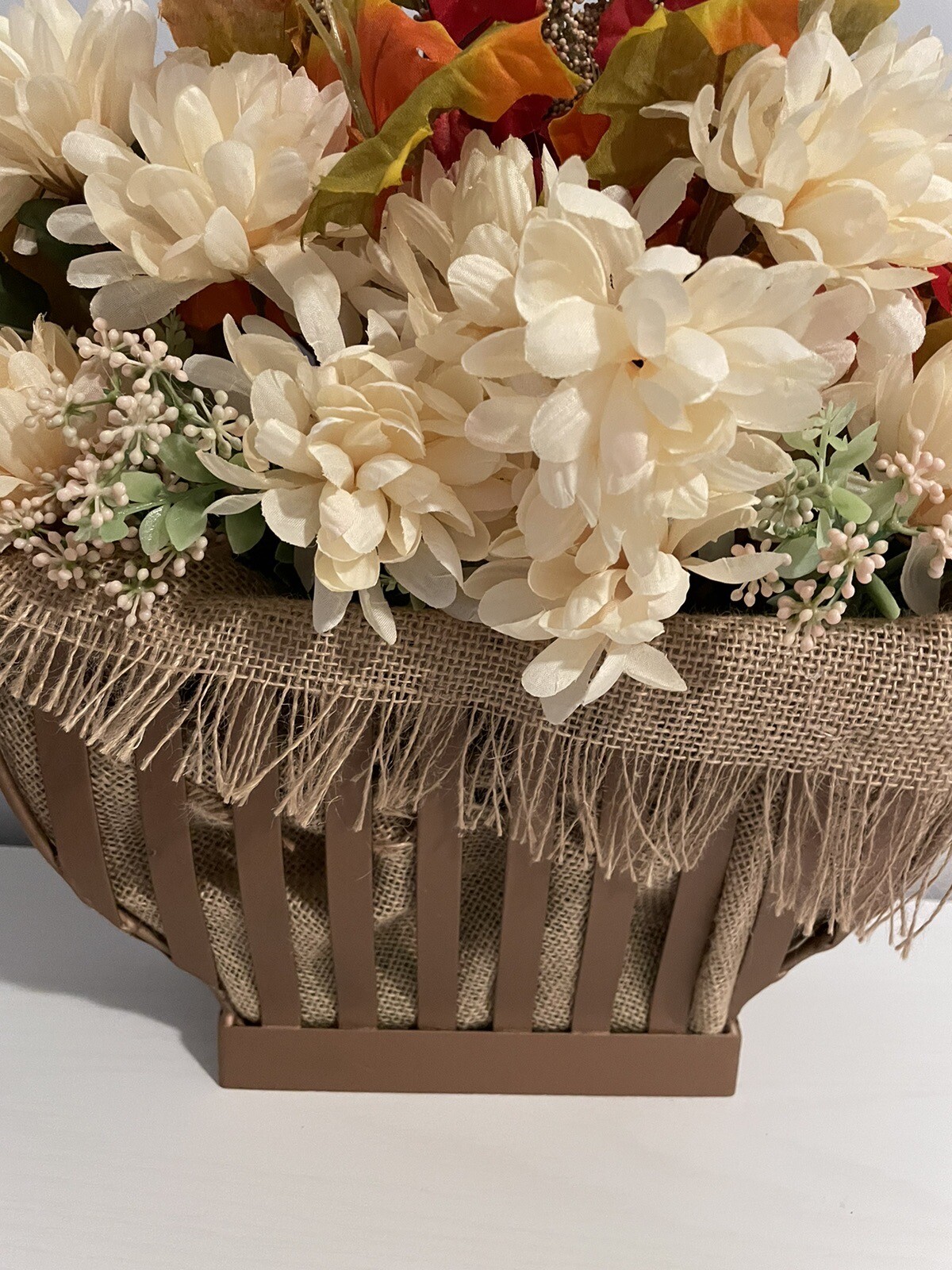 Fall Flower Arrangement In Large Upcycled Metal Hanging Basket Copper Painted