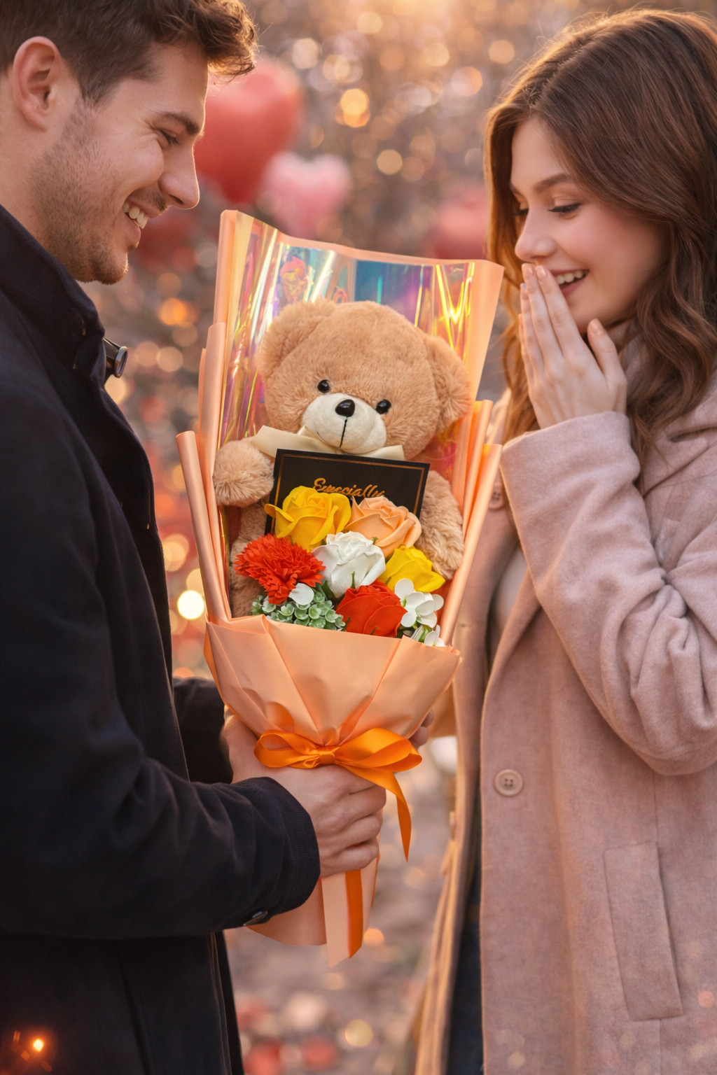 Teddy Bear Rose Flower Peach Bouquet Holiday Gift Box Anniversary Romantic Gift