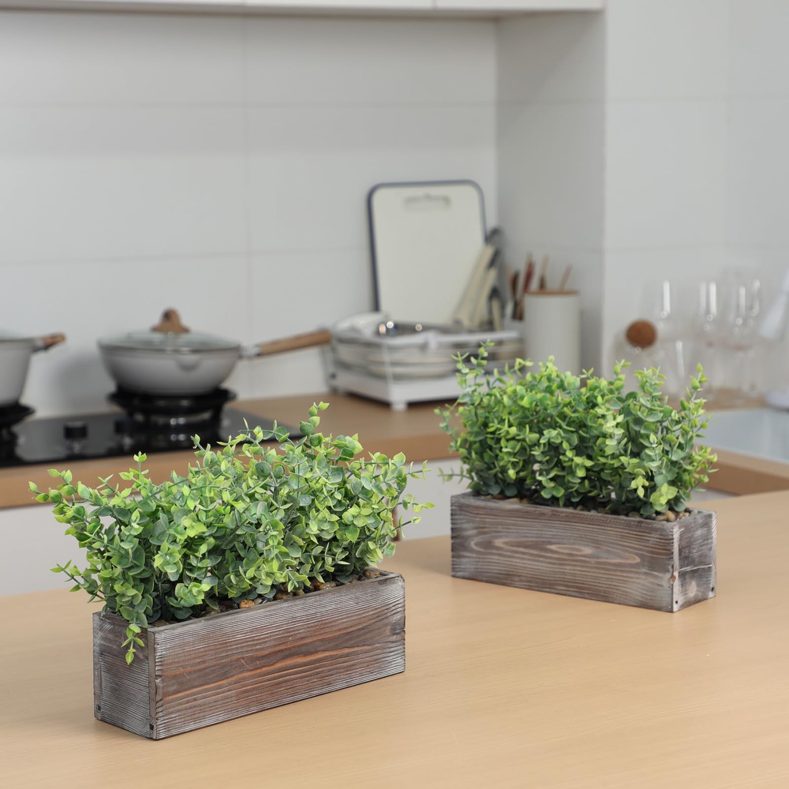 2 PCS 11.4×3.7×7.8 Inch Artificial Eucalyptus Faux Potted Plant Wooden Box