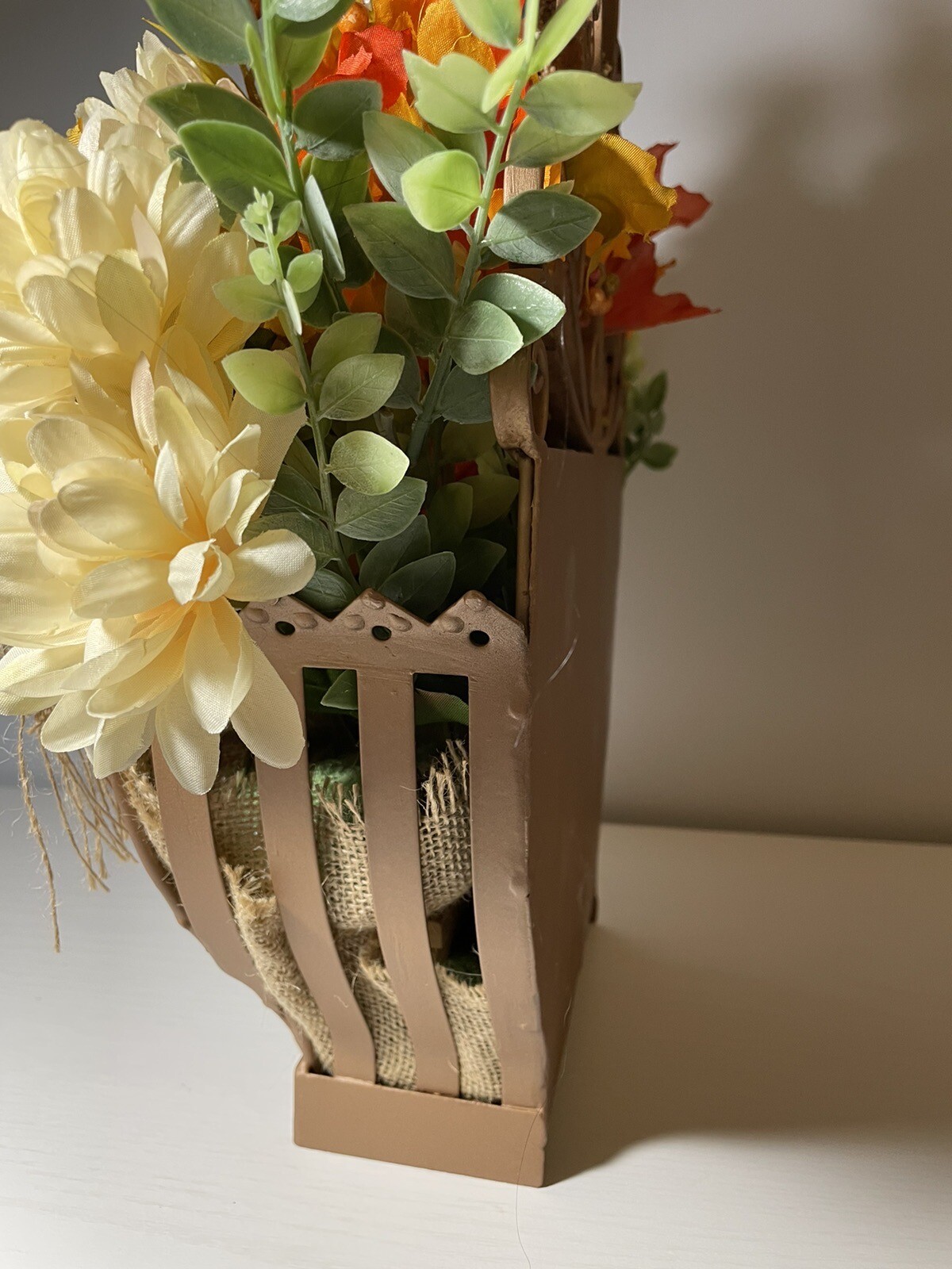 Fall Flower Arrangement In Large Upcycled Metal Hanging Basket Copper Painted