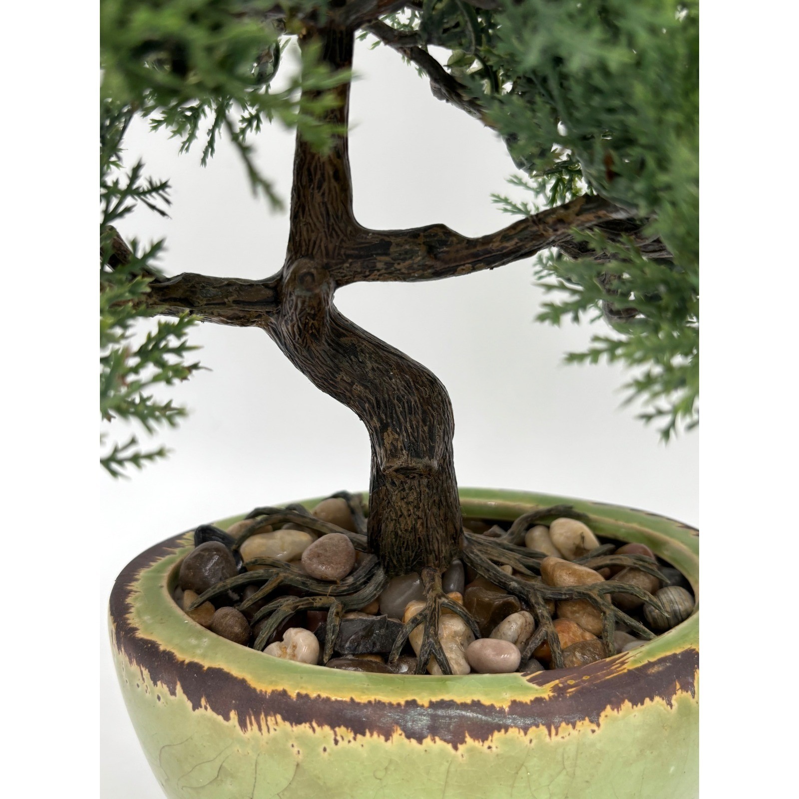 2 Vintage Artificial Bonsai Tree Set Juniper and Flowering Glass Cherry Blossom