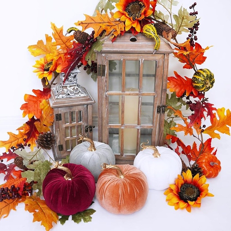 Decorative Faux Velvet Pumpkins Fall Home Decor Wedding Centerpieces 4pcs New