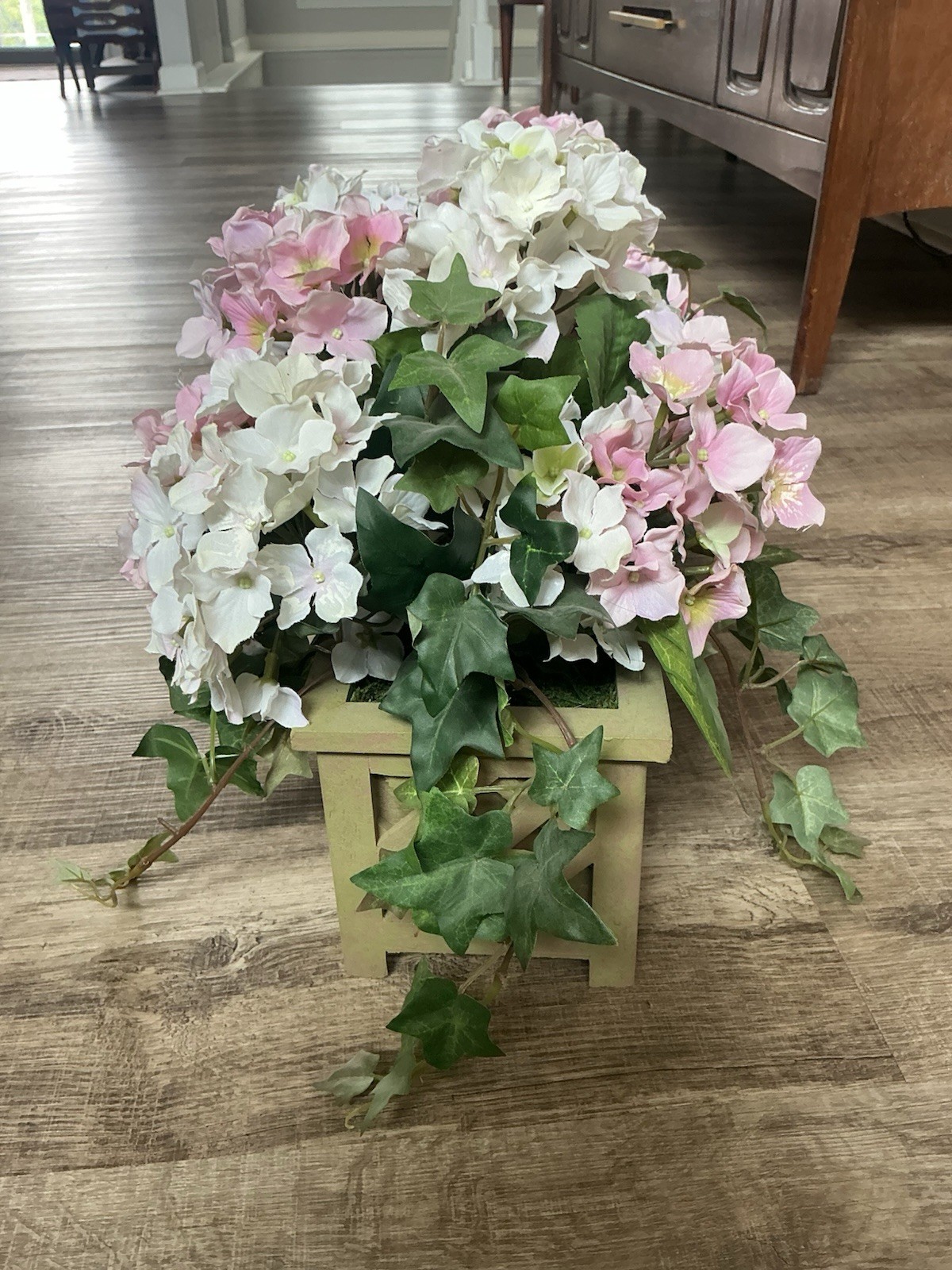 Hydrangea Faux Flower Arrangement Pink White In Planter Box 14x5x6