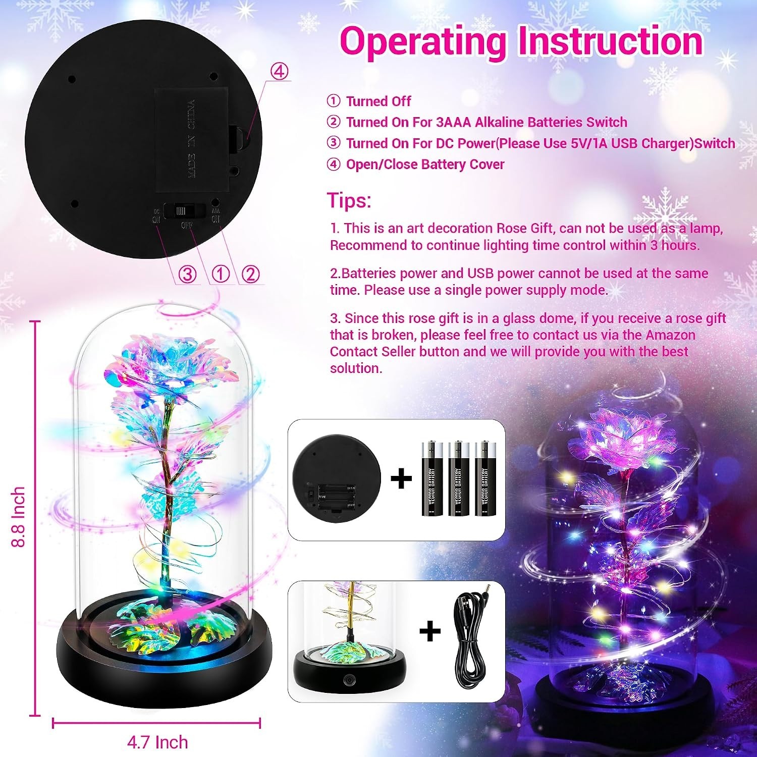 Color-Changing Rotating Rose in Glass Dome – A Unique Gift for Mom or Loved Ones