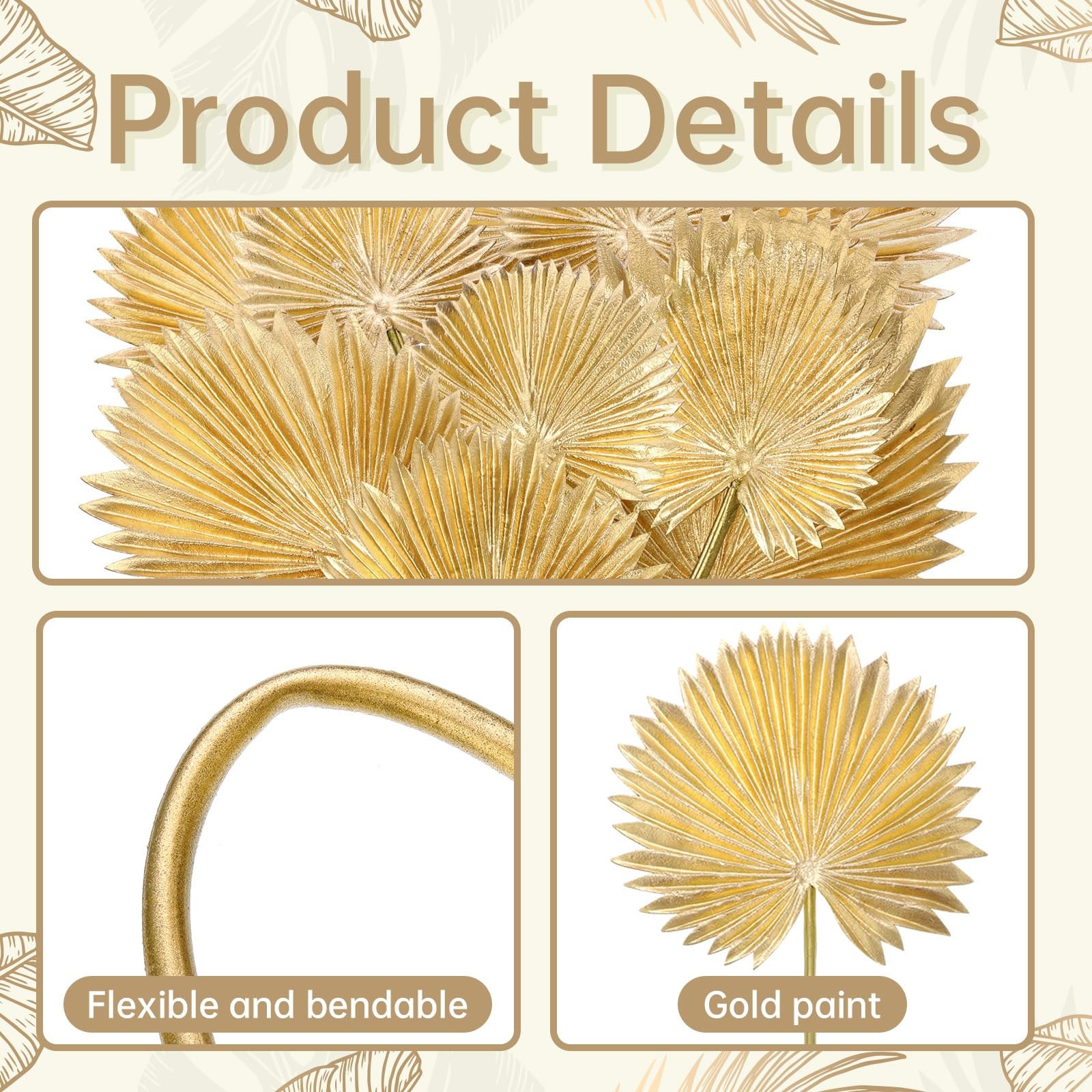 Artificial Gold Palm Leaves Faux Tropical Golden Fronds Mixed Sizes 12 PCS