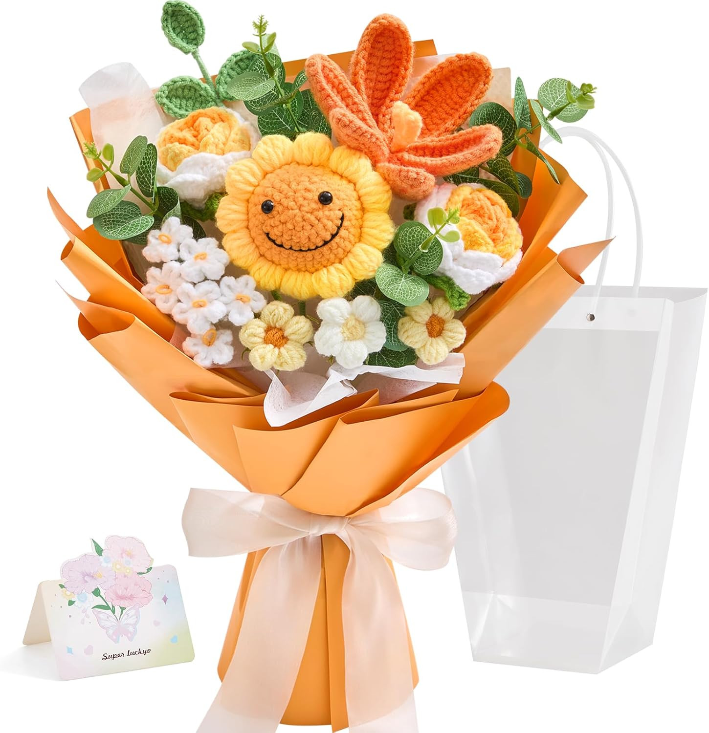 150Pcs Mixed Eucalyptus & Crochet Flower Bouquet, Handmade Fake Greenery